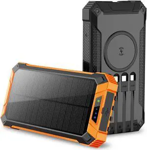 2 Pack ALPHA DIGITAL Outdoor Portable Power Bank w/ Emergency Solar Recharging, Wireless Charging, Built-in 4 Cables, 20000mAh Battery, Waterproof, Dustproof, Digital Power Display, Dual Flashlight