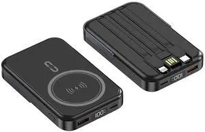 10000mAh Portable Magnetic Wireless Charge Power Bank with stand and 3 built-in cables