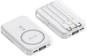 10000mAh Portable Magnetic Wireless Charge Power Bank with stand and 3 built-in cables White