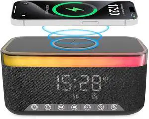 Bluetooth Speaker with Alarm Clock, 15W Fast Wireless Charging, 13 Night Light modes, 1200mAh Battery, 10W Stereo Speaker, 12/24H Digital Clock, Sleep Timer, White Noise Mode, USB Drive, AUX