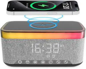 Bluetooth Speaker with Alarm Clock, 15W Fast Wireless Charging, 13 Night Light modes, 1200mAh Battery, 10W Stereo Speaker, 12/24H Digital Clock, Sleep Timer, White Noise Mode, USB Drive, AUX Grey