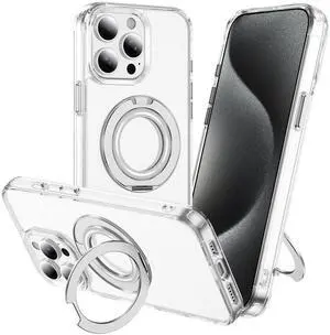 Clear Magnetic Case with Ring Stand for Apple iPhone 15 Pro, Fit for MagSafe, Shock Absorption Bumper, Soft Flexible TPU, Shock Resistant, Fingerprint Resistant