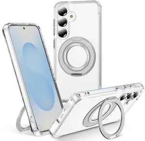 Clear Magnetic Case for all SAMSUNG Galaxy S25 Plus, with Ring Stand, Shock Absorbing Bumper, Fingerprint Resistant