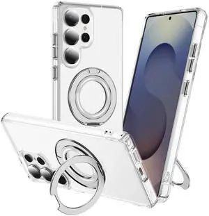 Clear Magnetic Case for SAMSUNG Galaxy S25 Ultra, with Ring Stand, Shock Absorbing Bumper, Fingerprint Resistant