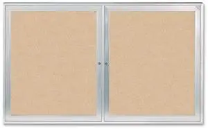 Ghent PA23660K 2 Door Enclosed Natural Cork Bulletin Board with Satin Frame - 60" x 36" - Tan Surface, Satin Aluminum Frame