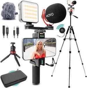 Movo iVlogger-PRO Vlogging Kit with Full Tripod for iPhone/Android - YouTube Starter Kit for Content Creators - Accessories: Phone Tripod, Phone Mount, RGB Light and VXR10 Shotgun Mic