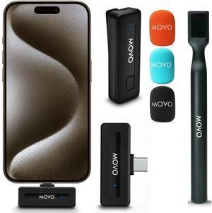 Movo Wireless Mini UC Ultra Compact Wireless Lavalier Microphone for iPhone 15 with WMX-HM Handheld Adapter - Lapel Mic with Handle Mount for Content Creators, Interviews, Reporting and More
