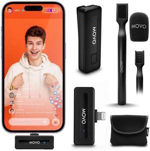 Movo Wireless Mini DI Ultra Compact Wireless Lav Microphone System for iPhone with Handheld Extension Mount - Mini iPhone Microphone System with Mic Handle for Reporting, Interviews and More