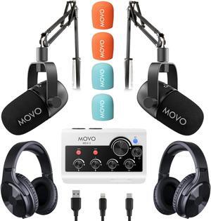 Movo PodPro Portable Podcasting Equipment Bundle for Smartphones and Computers - with MDX-2 Audio Interface, 2 CastMic Dynamic Mics, Boom Arms, and Headphones