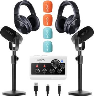 Movo PodPro Portable Podcasting Equipment Bundle for Smartphones and Computers - with MDX-2 Audio Interface, 2 CastMic Dynamic Mics, Tabletop Stands, and Headphones
