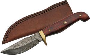 Damascus Steel Hunting Knife | 8" Overall Red Padauk Wood + Leather Sheath