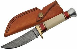 Damascus Steel Blade Hunting Knife | 9" Overall Bone Handle Skinner + Sheath
