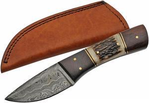 Damascus Steel Blade Hunting Knife | 8" Overall Wood and Stag Skinner + Sheath