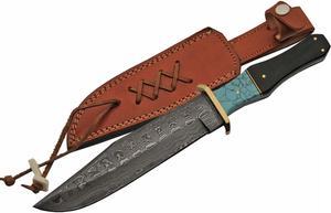 DAMASCUS STEEL BLADE BOWIE KNIFE | 12.5" Overall Black Horn + Turquoise Handle