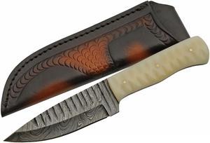 Damascus Steel Hunting Knife | 5" Blade Full Tang Bone Handle + Leather Sheath