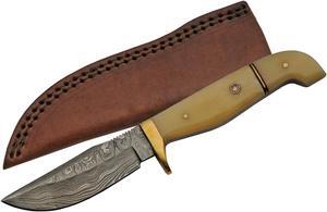 Damascus Steel Hunting Knife | 8" Overall Real Bone Handle + Leather Sheath