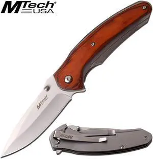 FOLDING POCKET KNIFE | Mtech 3.5" Silver Blade Tactical Ultilty EDC Brown Wood