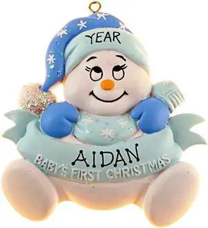 Snowbaby Blue with Words Personalized Christmas Tree Ornament