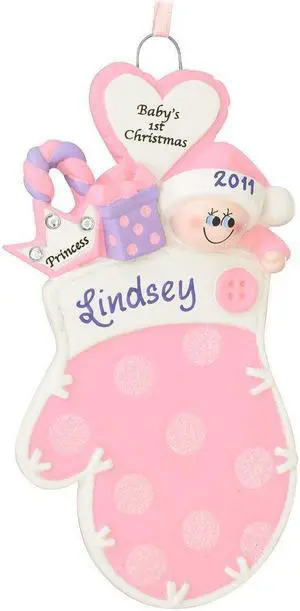 Baby Mitten Pink Personalized Christmas Tree Ornament