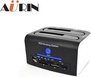 AURIN 3.5" 2.5" HDD Dual-Bay USB 2.0 to IDE SATA/eSATA Docking Station with All in one Card Reader and 2-port Hub, Supports Clone function