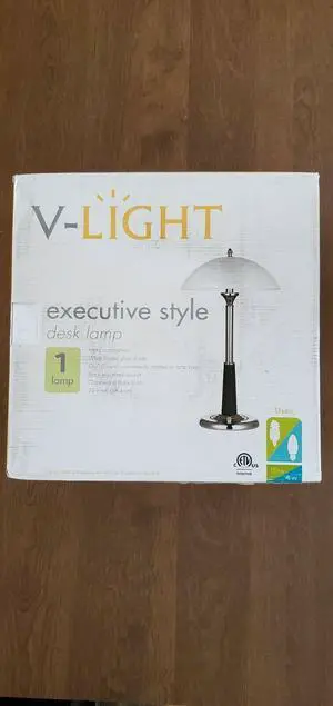 V-LIGHT Executive Style Desk Lamp Chrome Metal w/Black Accent-White Glass Shade