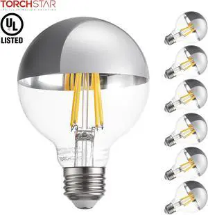 TORCHSTAR G25 Half Chrome Light Bulb, 7W Dimmable LED Filament Vintage Globe Light, UL Listed, Warm White 3000K, E26 Base for Dining Table, Dressing Room, Vanity Strip, Pack of 6