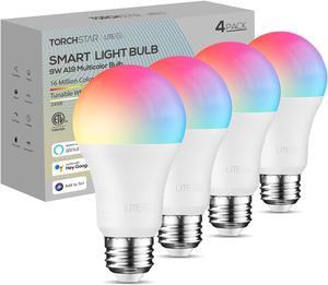 TORCHSTAR 4 Pack A19 Smart LED Light Bulbs, WiFi & Bluetooth, 60W Equiv, E26 Base, Works with Alexa Echo Google Home Assistant Siri for Indoors, 2000K-5000K RGBCW Full Color Changing Smart Bulb