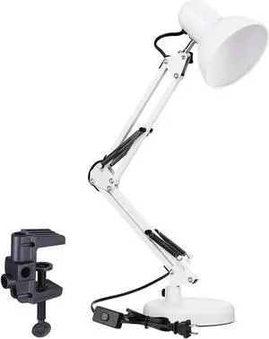 TORCHSTAR Metal Swing Arm Desk Lamp, Interchangeable Base Or Clamp, Classic Architect Clip On Study Table Lamp, Multi-Joint, Adjustable Arm, White Finish