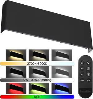 LEONLITE 15.8IN LED Wall Sconce RGBCW & 5000K-2700K, Dimmable 26W Aluminum Up Down Modern Black,AC 100-265V Indoor & Outdoor IP65 for Bedside Mirror Party Decor, 50,000hrs Lifespan