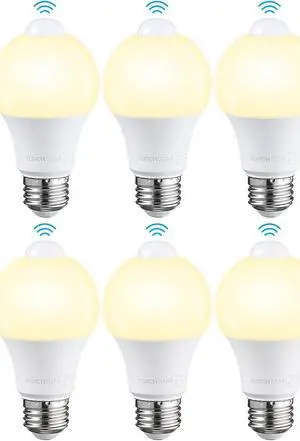TORCHSTAR 6 Pack A19 LED Motion Sensor Light Bulb, 9W, 900LM, E26 Base, UL Listed, 3000K Warm White