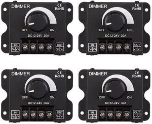 4 Pack PWM Dimming Controller for LED Strip Light, DC 12V - 24V Dimmer Knob ON/OFF Switch with Aluminum Housing, Single Channel 30A 5050 3538 5630 Single Color Light Ribbon