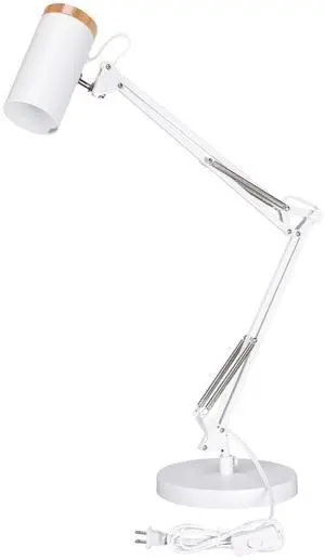 Adjustable Metal Table Lamp, Large Size Max Height 29.7", E26 Base, Swing Arm Desk Light with Wooden Accent, White