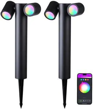 2 Pack LED Smart Pathway Lights, Low Voltage Landscape Spot Lights Bluetooth Connection&APP Control, 12V-24V AC/DC 800LM, Adjustable Dual-Head, 2700K-5000K&RGB