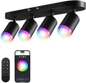 Smart LED Track Lighting, WiFi RGBCW Track Lighting Fixtures, 4 Head Ceiling Spot Light, Compatible with Alexa/Google Home/Siri, 16 Million Colors with Remote, 2400-5000K Dimmable, 30W, Black