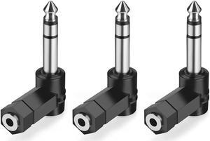 Right Angled 6.35mm 0.25 inch TRS 3 Pole Male to 3.5mm Female 90 Degree Adapter Converter Extension Extender Stereo Auxiliary AUX Headphone Audio Jack Plug Wire Cord 3 Pack