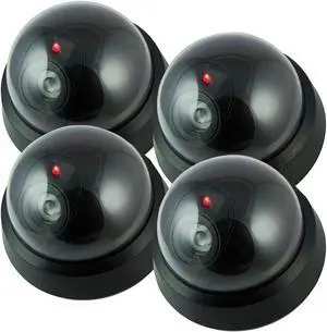 Pearl Enterprise Dummy Security Camera Fake Camera, Outdoors Dummy Dome Wireless Surveillance System with Motion Light Realistic Look with Flashing Red LED Light for Home or Business (Pack of 4)