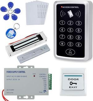 Stand-Alone Door Access Control System Kit with 180kg/350lbs Electric Magnetic Lock, DC12V/3A Power Supply, Door Exit Button, 10pcs RFID EM ID Keyfobs/Cards