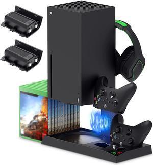 Vertical Cooling Stand Compatible with Xbox Series X with Cooling Fan, Cooling Station Dock with 10 Game Storage Organizer, Controller & Headphone Holder, 2X1400 mAh Rechargeable Battery Packs