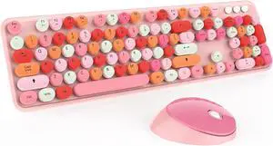 Cute Pink Wireless Keyboard and Mouse, 2.4G Retro Round Keycap for PC, Mac, Laptop, Tablet, Computer Windows