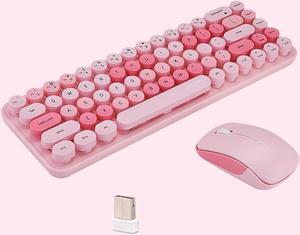 Compact Wireless Keyboard and Mouse Combo, Colorful Round Keycap, Soundless 68 Keys, Suitable for Girls and Kids, Compatible with Notebook, PC (Pink)