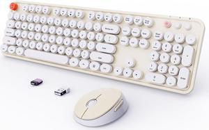 Wireless Keyboard and Mouse Combo, Ergonomic Full Size Typewriter Retro Round Keycaps Keyboard, Compatible with Windows, PC, Perfer for Home and Office Keyboards (Beige