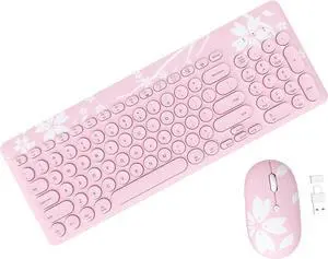Mytrix Cute Sakura Pink Wireless Keyboard Mouse Combo, Retro Type-Writer Keys, 2.4G USB Slim Keyboard Mouse Set with Numeric Keypad for Computer, Laptop, Desktops, Pc, Mac(KMCS01)