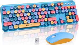 FOPETT Wireless Keyboard and Mouse Combo, 105 Keys Full-Sized 2.4 GHz Round Keycap Colorful Keyboards, USB Receiver Plug and Play, for Windows, Mac, PC, Laptop, Desktop (Blue Colorful)