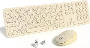 UBOTIE Wireless Keyboards and Mouse, Quiet Scissor Switches Slim Keyboards Mice Set, Silent Full Size 111 Round Keycaps with Adjustable DPI Mouse, Power On/Off Button for PC Laptop (Light Khaki)