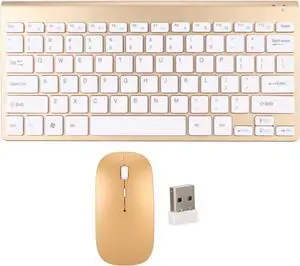 Keyboard Mouse Combo, 2.4 Ghz Cordless Silent Key Mouse Set, Ultra Thin Full Sized Ergonomic Keyboards with LED Indicator, Auto Sleep for (Gold)