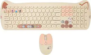Yunseity Wireless Keyboard and Mouse Combo, 2.4G Cute Cat Keyboard Mouse Combo, 110 Keys Round Keycaps Keyboard with Number Pad and Silent Mouse for Windows 10 8 7 XP Laptop Computer PC