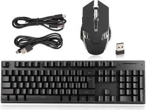 Gaming Keyboard Mouse Combo, 104 Keys 2.4G Mechanical Gaming Keyboard 1200-3200DPI Mice Set with RGB LED Backlight, 2 Levels Brightness, FN Shortcut Keys, Rechargeable 2000mAh