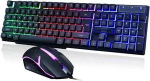 Keyboard Mouse Combo, USB Wired Keyboard,Quiet Durable Rainbow Backlit Keyboard,Gaming Keyboard and Mouse Set with Ergonomic Wrist Rest for Laptop Office Online Study (Color : Black)