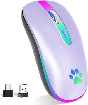 Wireless Mouse Rechargeable LED Wireless Bluetooth Mouse Portable USB Optical 2.4G Wireless Bluetooth Two Mode Computer Mice with USB & Type-c Receiver(Light Purple)