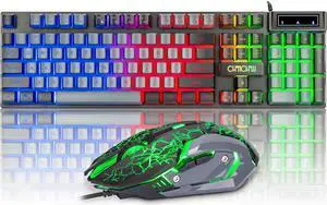 Gaming Keyboard and Mouse Combo USB Wired LED Rainbow Backlight 2 Color Keyboard 6 Button 2 Side-Button mice Mechanical Feel for Office Home Laptop Desktop Computer(Black and Grey)